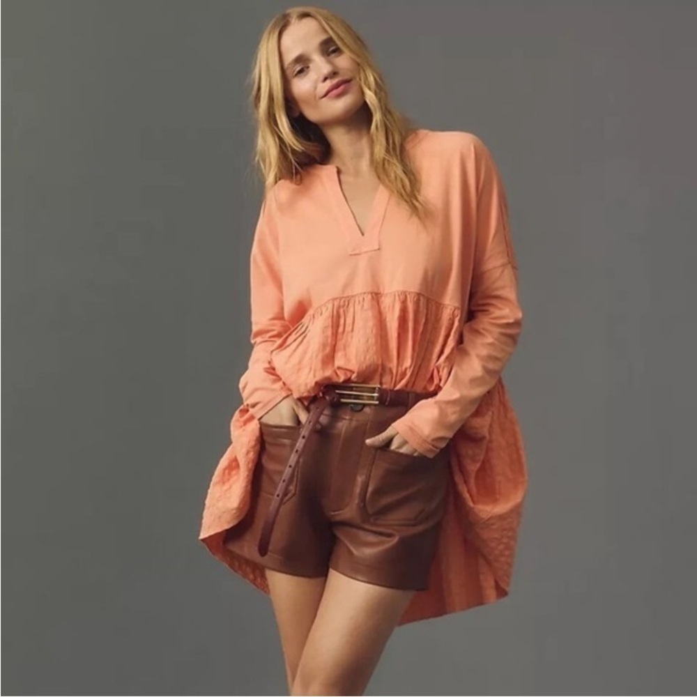 Anthropologie Pilcro Oversized Peach Orange Gingham Babydoll Tunic Top S